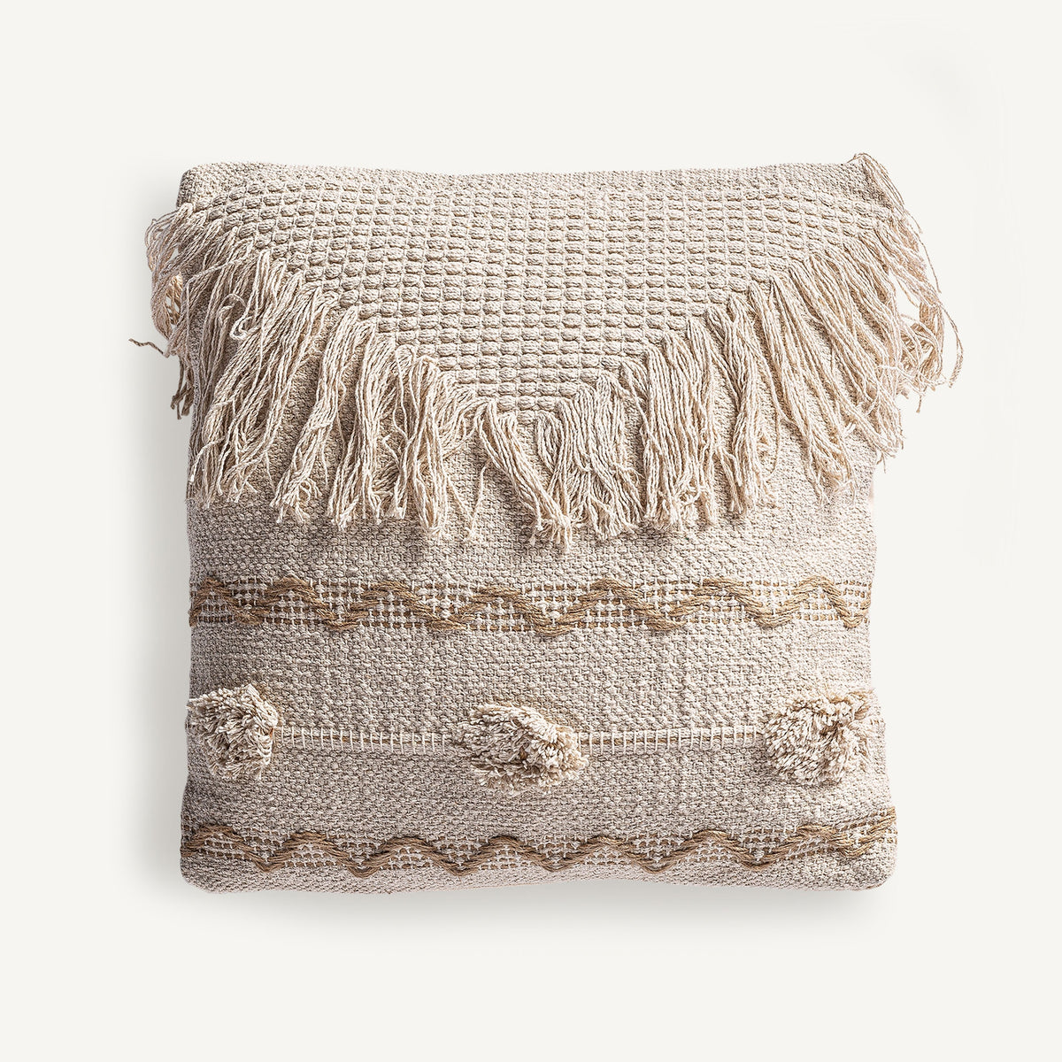 Yaira cushion by VICAL – white embroidered jute and natural cotton