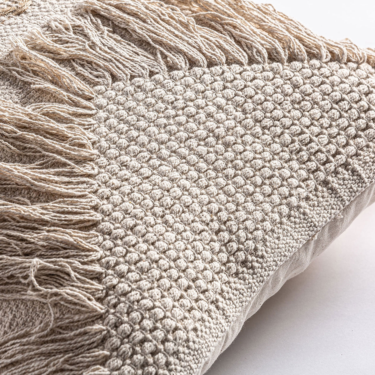 Yaira cushion by VICAL – white embroidered jute and natural cotton detail view 3