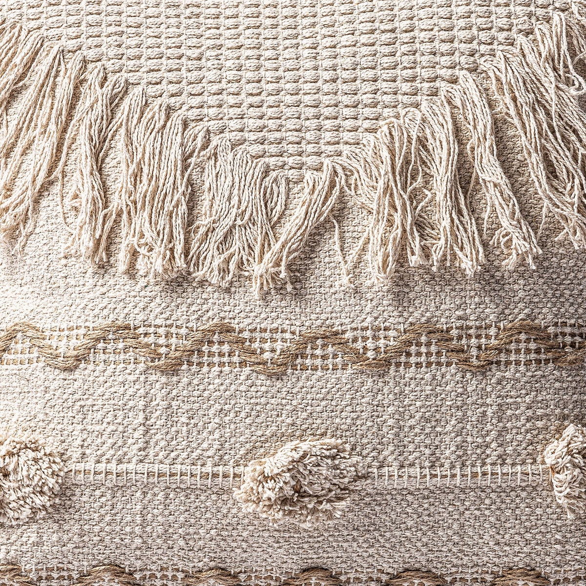 Yaira cushion by VICAL – white embroidered jute and natural cotton detail view 4