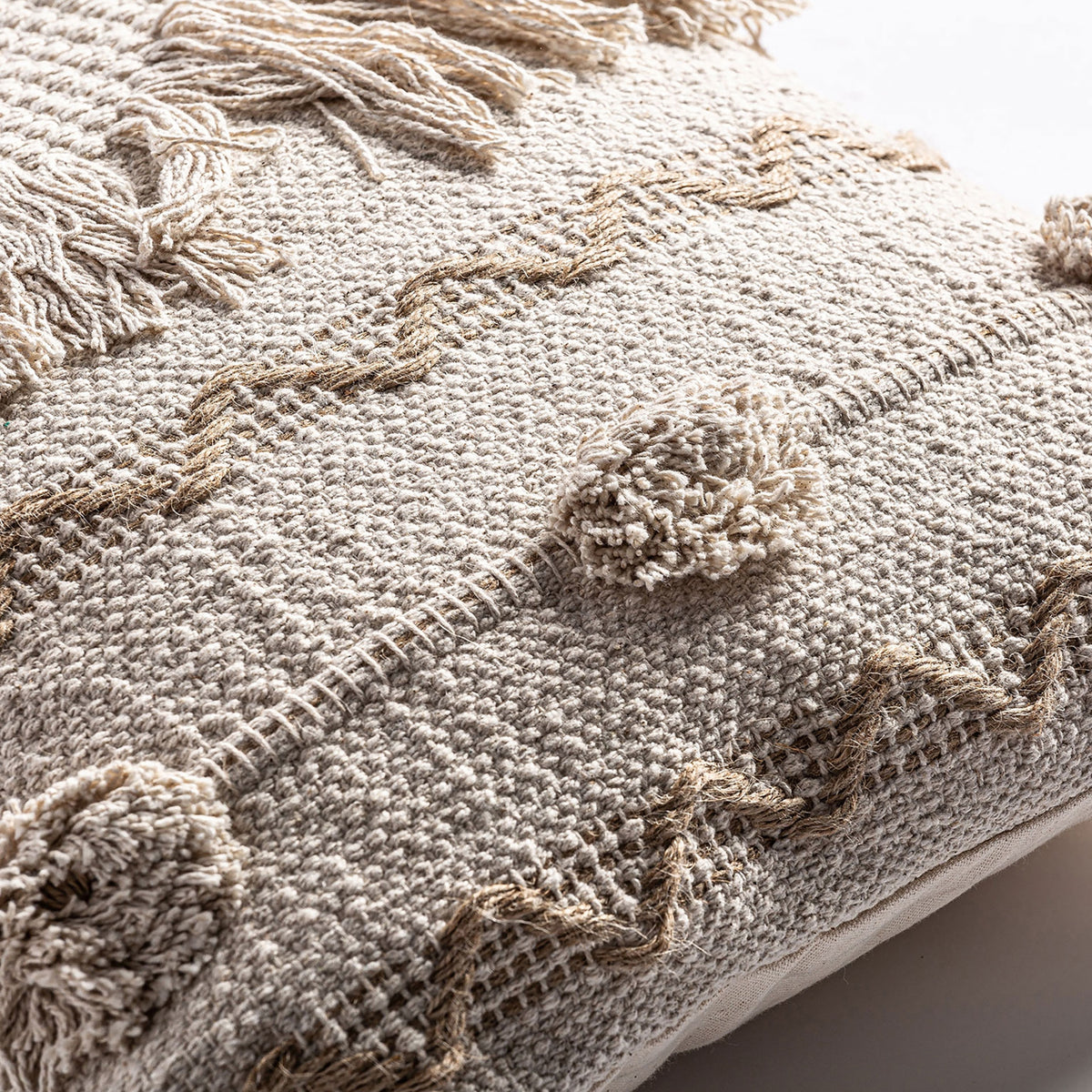 Yaira cushion by VICAL – white embroidered jute and natural cotton detail view 5