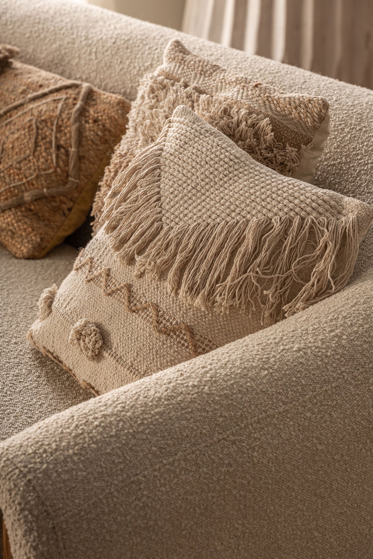 Yaira cushion by VICAL – white embroidered jute and natural cotton detail view 7