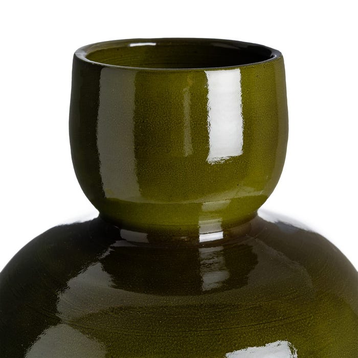 Olive green ceramic vase, detail view