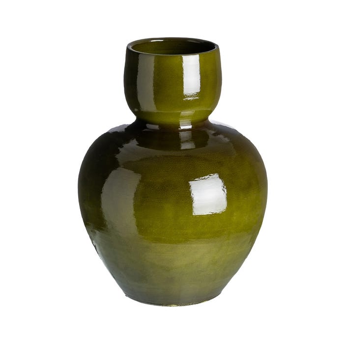 Olive green sculptural ceramic vase, front view