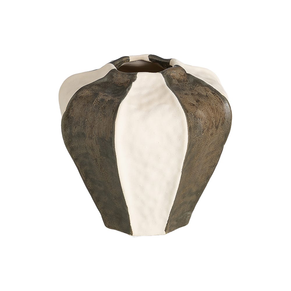 Small striped cream and muted green sculptural ceramic vase, set of two
