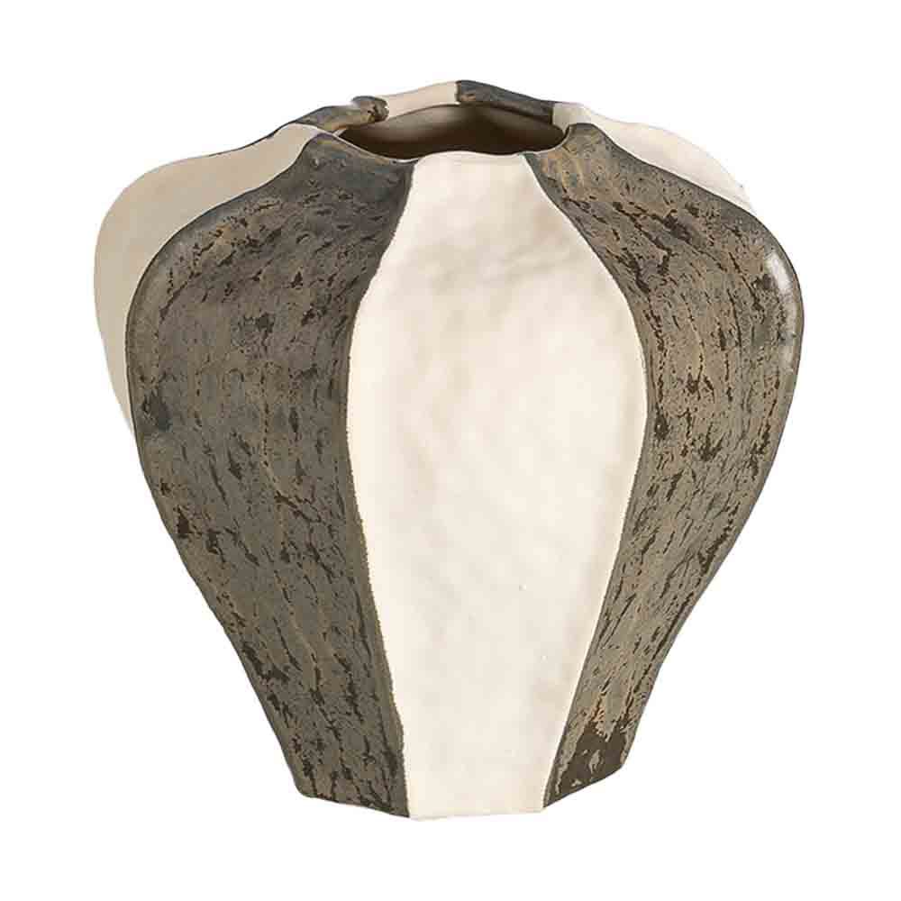Large striped cream and muted green sculptural ceramic vase