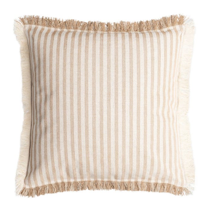 Beige striped cushion with fringe, sold as a set of two