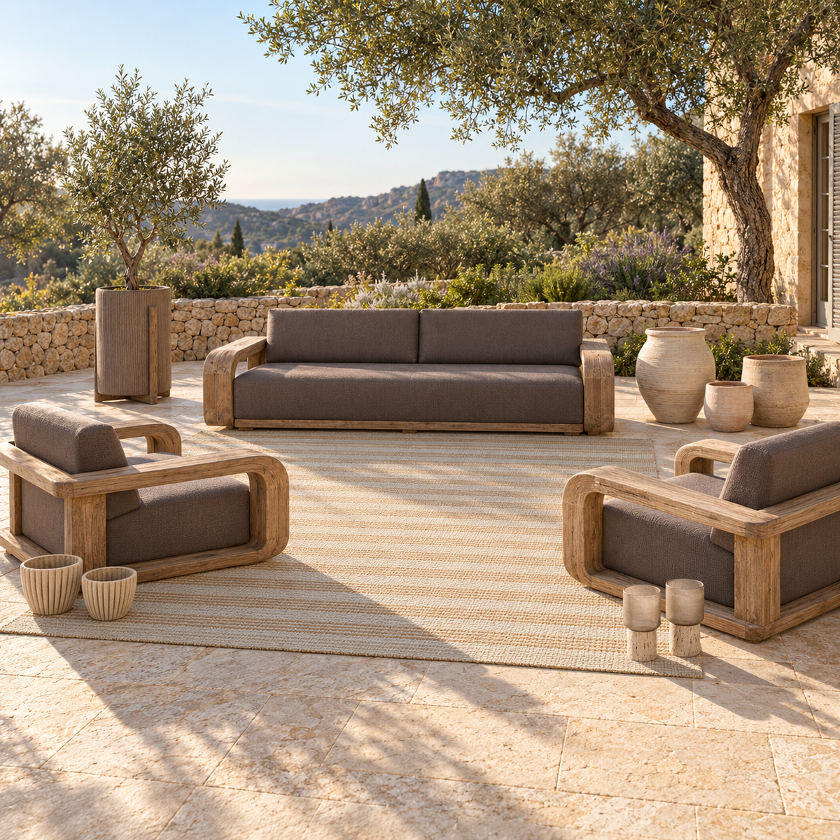 Mestral Outdoor Lounge Set – Sofa & 2 Armchairs – room visualisation – LoNiu Home