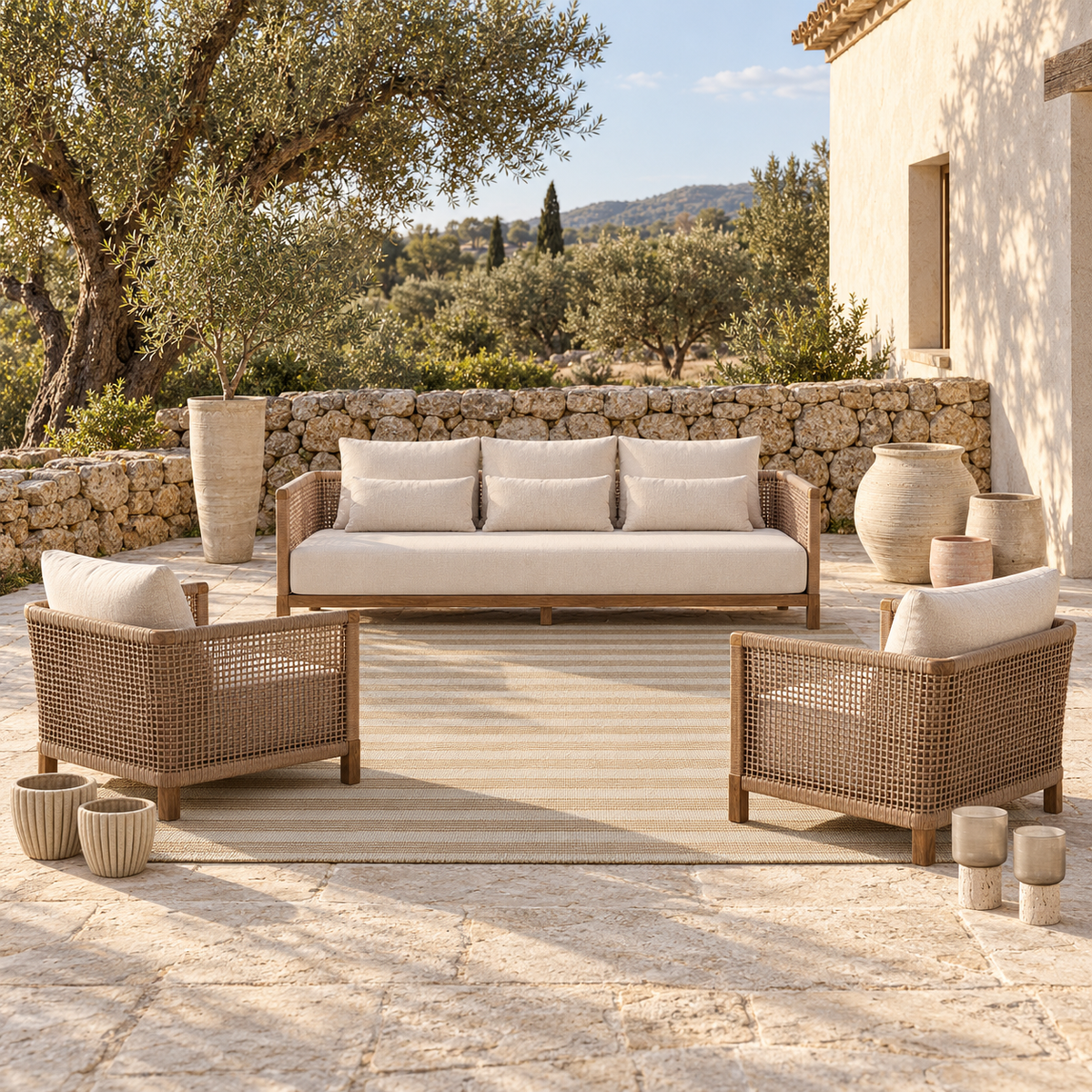 Nansa Outdoor Lounge Set – Sofa & 2 Armchairs – room visualisation – LoNiu Home