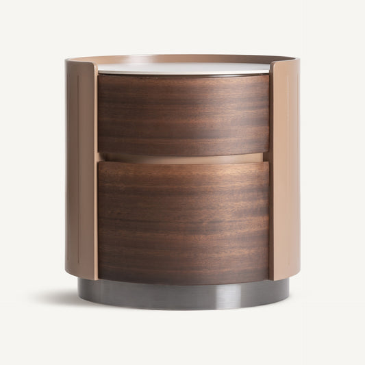 Giswil bedside table in eucalyptus veneer and white sintered stone by Vical Home